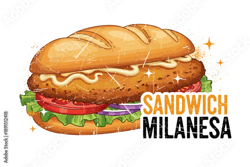 Crispy chicken sandwich with lettuce, tomato, and onions on rustic bread