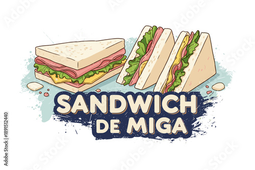 Colorful sketch of sandwich de miga with fresh ingredients and bold text