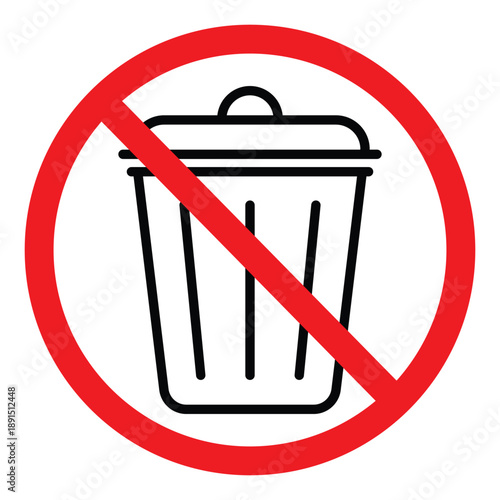 No littering icon with black trash can crossed by red prohibition symbol. Ideal for signage, environmental awareness, and waste management visuals in public or digital contexts.
