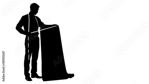Silhouette of a tailor holding fabric and measuring tape.
