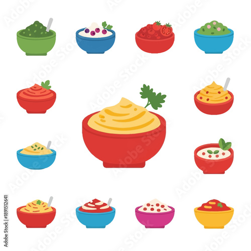 Assorted Soups and Dips in Bowls.