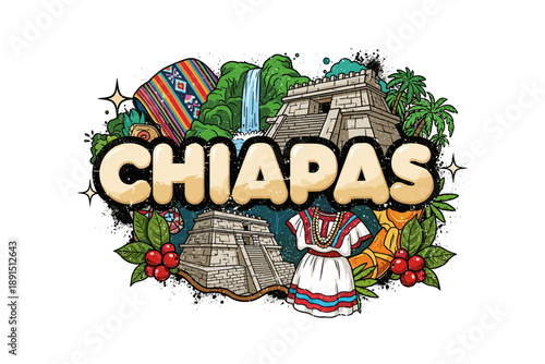 Chiapas travel poster: ancient ruins, traditional dress, nature, and culture