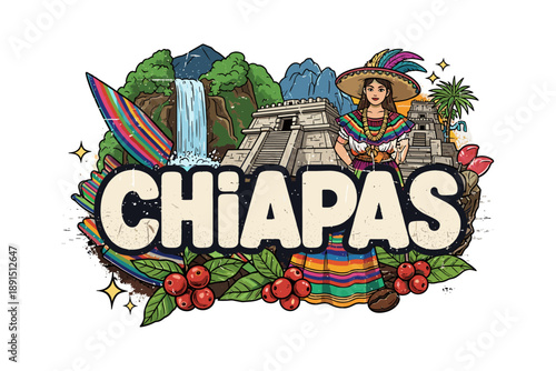 Chiapas landscape with mayan ruins, waterfall, and traditional clothing