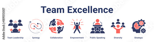 Team Excellence banner web icon vector illustration concept for education with icon of Team Leadership, Synergy, Collaboration, Empowerment, Public Speaking, Diversity.