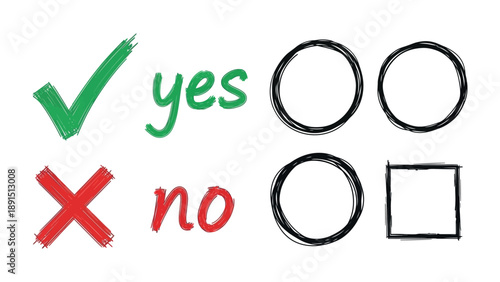 Fotografie Checkmark and Cross Mark: A visual representation of choices, with a green checkmark indicating yes and a red cross signifying no, alongside associated circles and squares