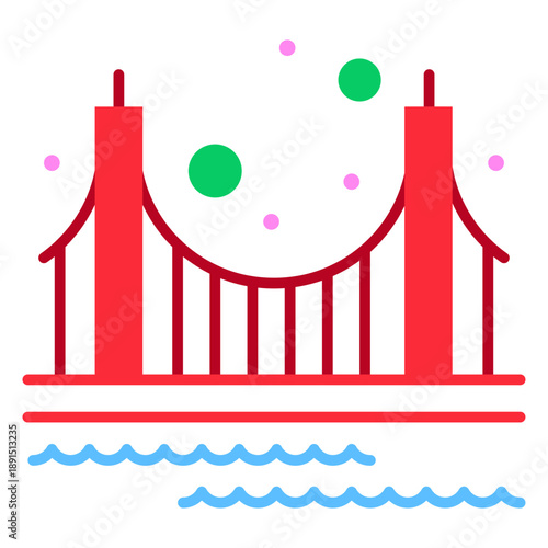 Iconic Bridge Illustration: A stylized illustration presents a vibrant red bridge spanning serene water, with a touch of whimsy added by floating shapes, perfect for design needs.