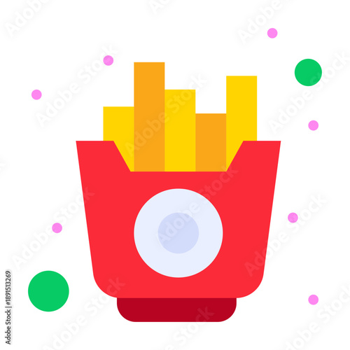 Golden Fries Icon: A vibrant, flat-design illustration of a classic carton filled with golden, crispy french fries, a beloved and tempting food.
