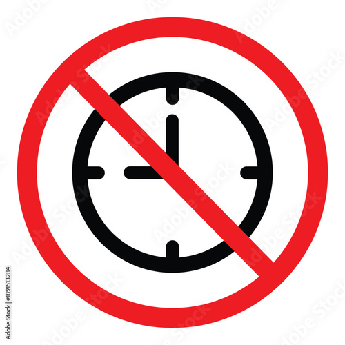 No waiting or time limit sign. Red prohibition circle with a black clock icon on a white background. Vector illustration for parking restrictions, deadline pressure, and time management concepts.