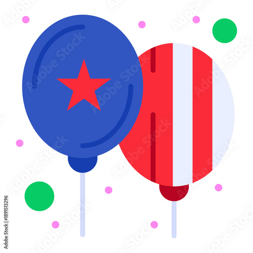 Celebratory Balloons: A festive pair of balloons float with playful charm, featuring a patriotic star and stripe design, and bring joy and fun.