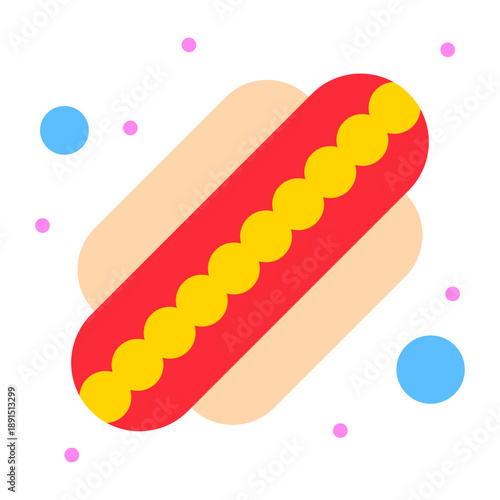 Hot Dog Delight: A vibrant illustration of a classic hot dog, complete with a juicy sausage nestled in a soft bun and drizzled with a delicious squiggle of mustard.