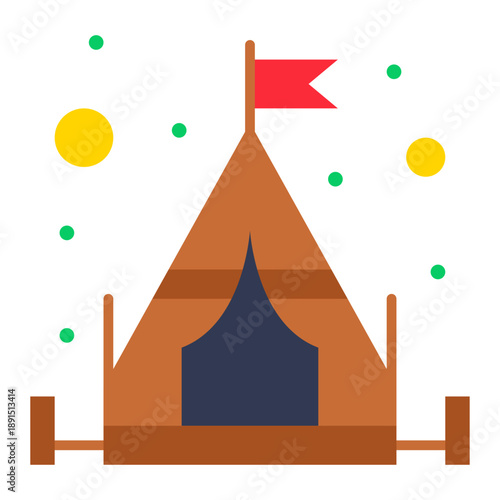 Camping Adventure in Nature's Embrace: An inviting illustration of a camping tent adorned with a red flag, beckoning outdoor lovers to embark on a weekend getaway. The illustration embodies peace.