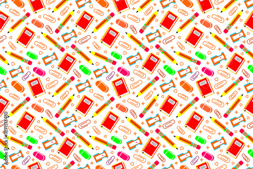 Seamless pattern with colored pencils, erasers, pencil sharpeners paper clips and books. Education themed pattern background. School supplies pattern background. School attributes pattern design.