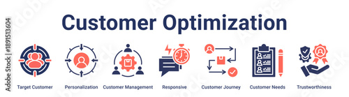 Customer Optimization banner web icon vector illustration concept for education with icon of Target Customer, Personalization, Customer Management, Responsive, Customer Journey, Customer Needs.
