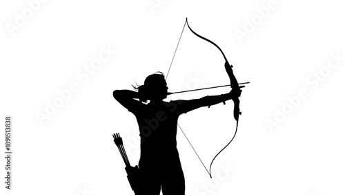 Silhouette of a woman archer aiming her bow and arrow.