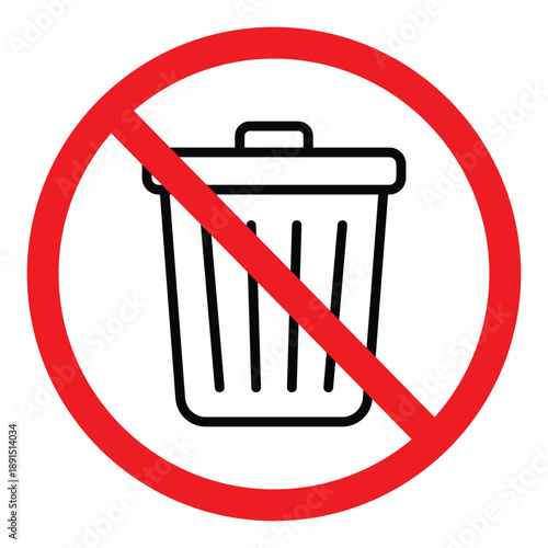 No littering icon with black trash can crossed by red prohibition symbol. Ideal for signage, environmental awareness, and waste management visuals in public or digital contexts.