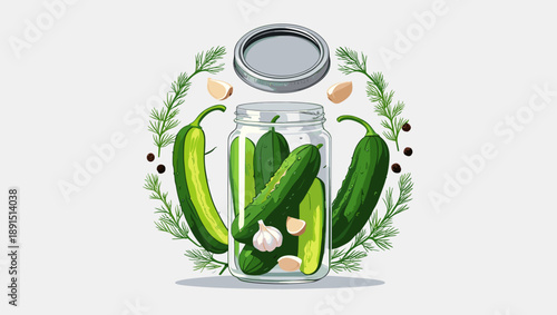 Jar of pickled cucumbers with garlic and dill in a fresh, colorful design for culinary enjoyment