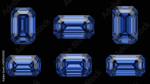 Collection of Emerald Cut Blue Sapphires on Black Background