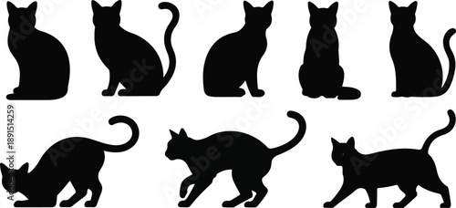 Cat Silhouette Vector Set  Sitting, Walking, and Stretching Feline Poses