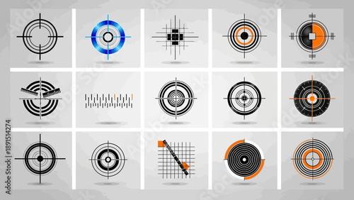 Collection of Futuristic Crosshair and Targeting Reticle Icons for Gaming and Military Applications