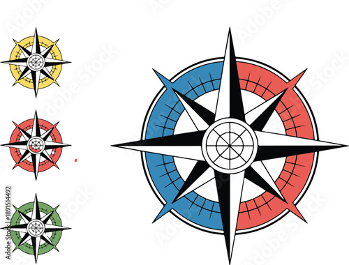 Colorful Compass Rose Vector Set  Nautical Navigation and Wind Rose Symbols