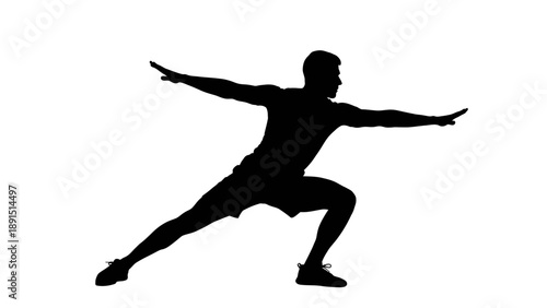 Silhouette of a man performing a dynamic stretching exercise.