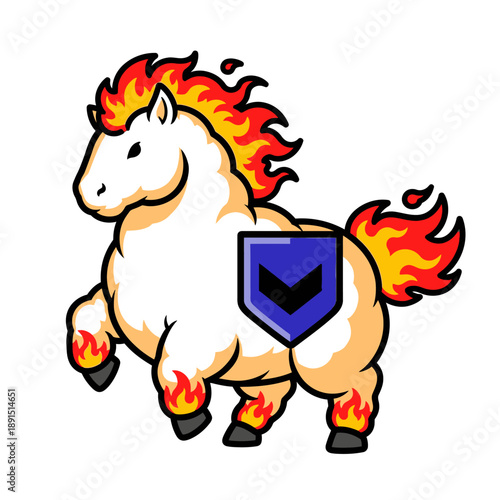 Cartoon Horse with Flames and Shield.