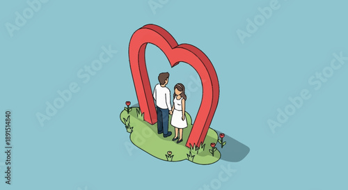 Couple standing together inside a giant red heart on a small island.