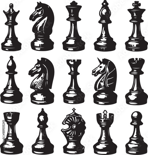 A set of black chess pieces including the king, queen, and pawn stands ready on the chessboard for a strategic game of leadership and competition