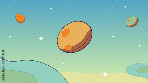 Vector illustration of an abstract blue sea background featuring a starry night sky with a glowing moon and planet over a summer landscape design