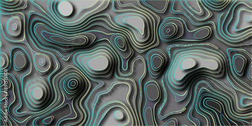 Topographic map inspired abstract background with layered contour lines in shades of grey and neon blue and yellow, creating a visually striking and modern topographical landscape for design