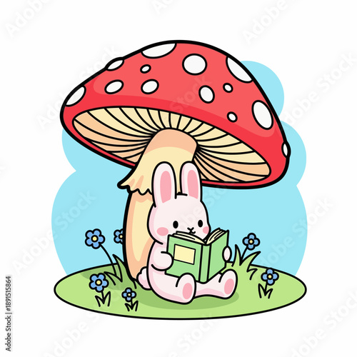 Cartoon Rabbit Reading Book Under Mushroom.