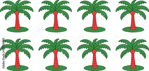 Tropical palm tree clipart set with cartoon coconut trees, summer beach foliage illustrations, tropical greenery graphics for crafting and design projects