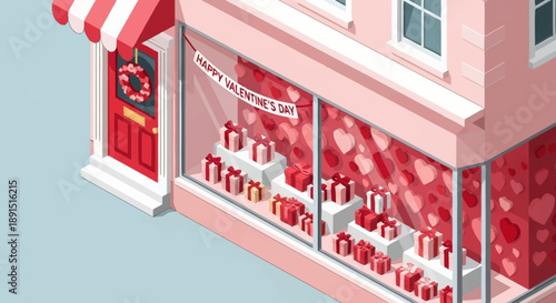 Isometric illustration of a pink candy store with red sweets and decorations.