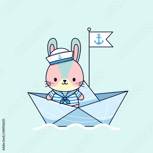 Cartoon Rabbit Sailing Paper Boat.