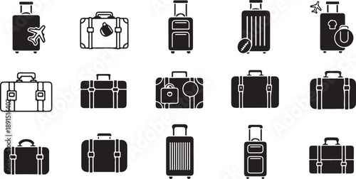 Collection of various suitcase and luggage icons in different styles