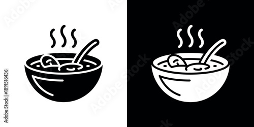 Two black and white depictions of a bowl of soup with rising steam
