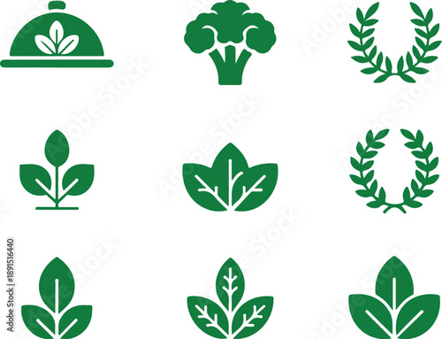 Green nature icons set with leaves, plants and eco symbols for organic branding, sustainability, wellness, environment and botanical themes