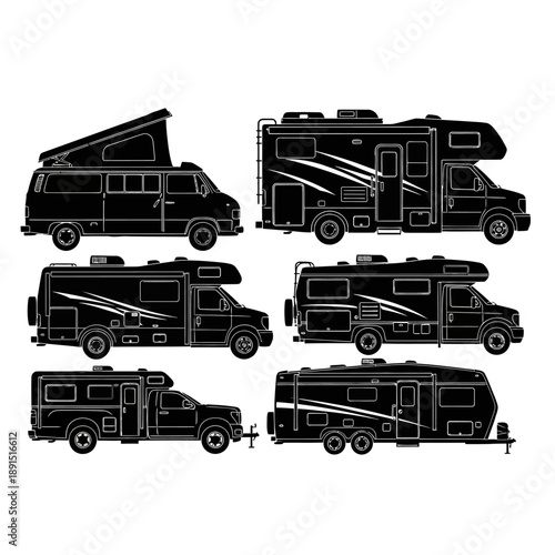 Collection of RVs and Campers: Travel Trailers, Motorhomes, and Pop-up Campers