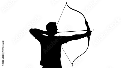 Silhouette of Archer Aiming Bow and Arrow in Archery Sport.