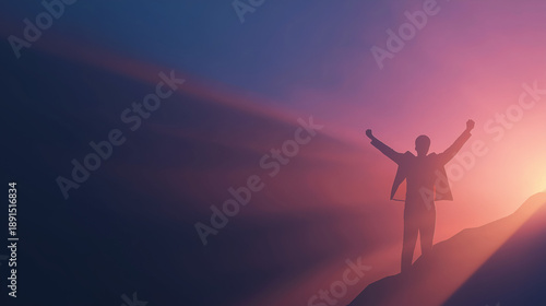 Wallpaper Mural Silhouette of Triumph: A lone figure stands atop a mountain peak, arms raised in a gesture of victory against a dramatic sky. Torontodigital.ca