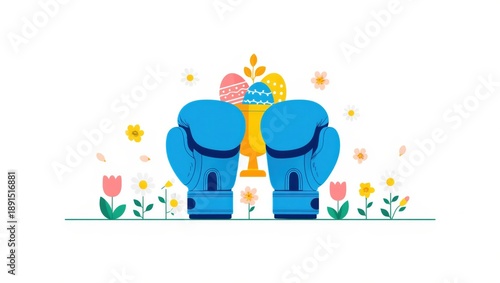 Flat vector illustration of blue boxing gloves in front of a trophy surrounded by flowers and Easter eggs. Sports competition and celebration concept.