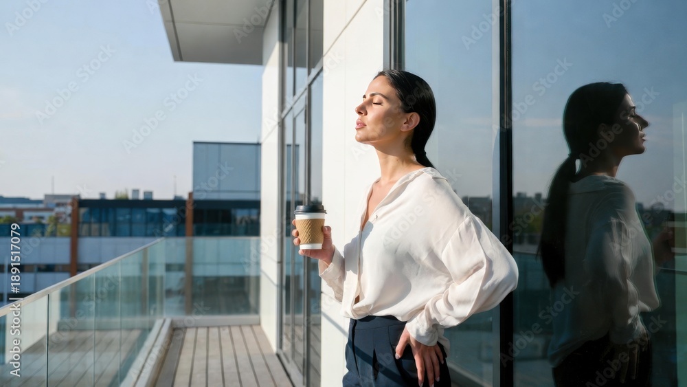 Fototapeta premium Young caucasian female enjoying coffee break on balcony in urban office environment.