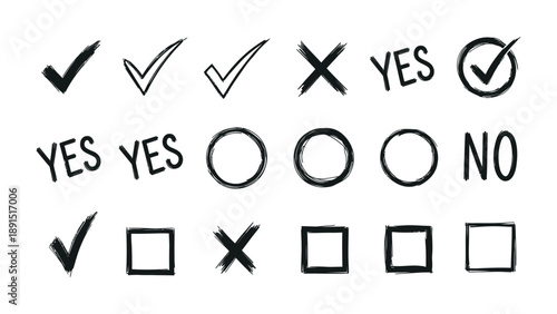Decisive Choices: An array of checks, crosses, circles, and squares conveys the power of choice, signifying affirmation, negation, or neutral options.