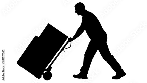 Silhouette of a man pushing a hand truck with boxes.