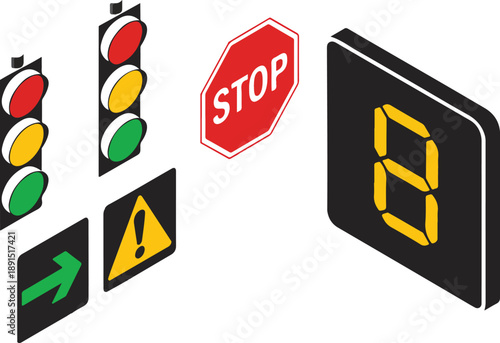 Isometric Traffic Signs and Signals Vector Set Road Safety and Transportation