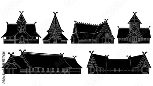 Collection of Viking Longhouse Silhouettes: Traditional Nordic Architecture Designs