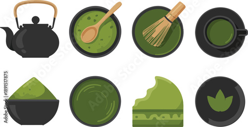 Matcha Tea Preparation Vector Set  Teapot, Bowl, Whisk, and Powder