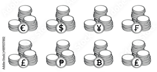 Cartoon stack of coins. currency, US dollar USD, Euro EUR, Japanese yen JPY, British pound GBP, Chinese yuan CNY, Swiss franc CHF, Bitcorn BTC icon. Coins stack. pile coin, money icon.