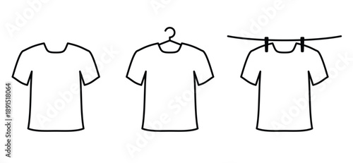 Cartoon t-shirt cloth icon. Drying line and dry tshirt. Shirt hanging on string, hygiene and cleaning concept. Drying tshirt on wire in the sun. Wash the clothes in the summer outside.