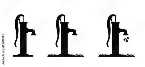 Cartoon old hand powered water pump or hand crank water press with water drop and grass. Farm garden groundwater, well pump concept. Hand pump ground water. Pumping up groundwater.
